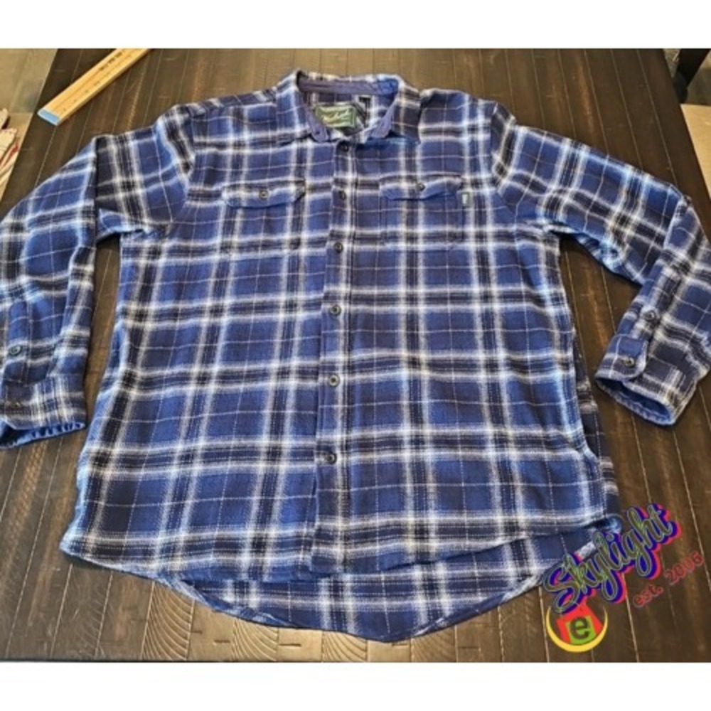 Woolrich Flannel Mens Blue Plaid Shirt Jacket Pockets Shacket Woolen Sz Xl Reg
